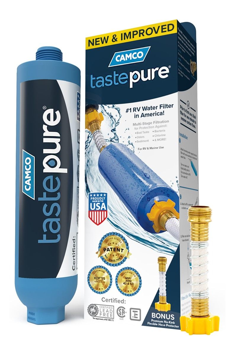 Camco Tastepure RV Water Filter - New Advanced Inline with Flexible Hose Pr
