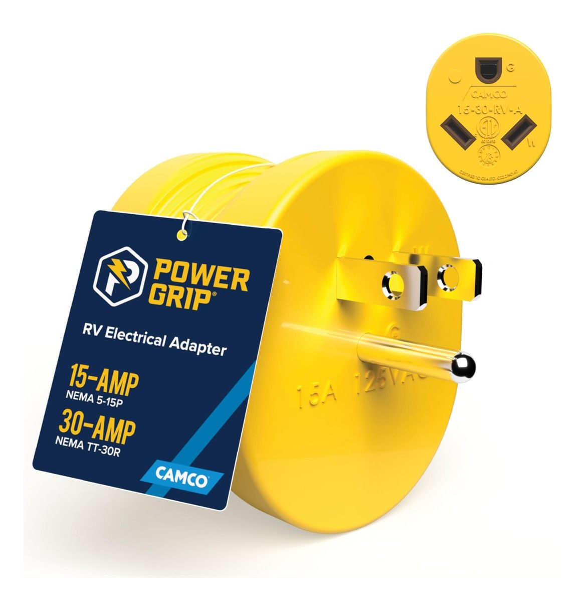 Camco PowerGrip Camper/RV Adapter - Features a 15-Amp Male (Nema 5-15P) 30
