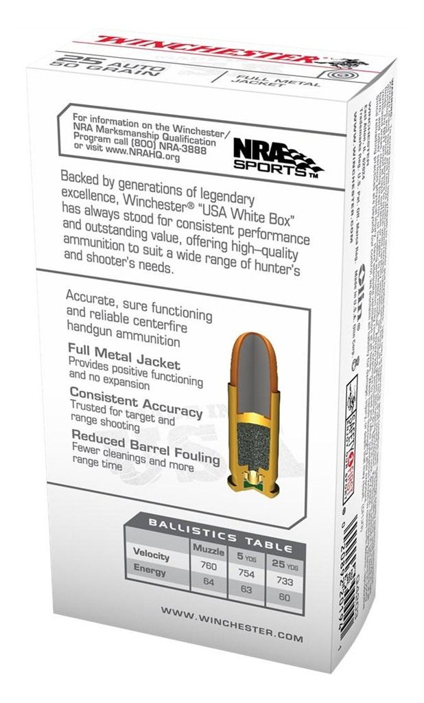 Winchester Ammunition Ammo Q4203 USA 25ACP 50gr Full Metal Jacket 50 Per Bo view 3