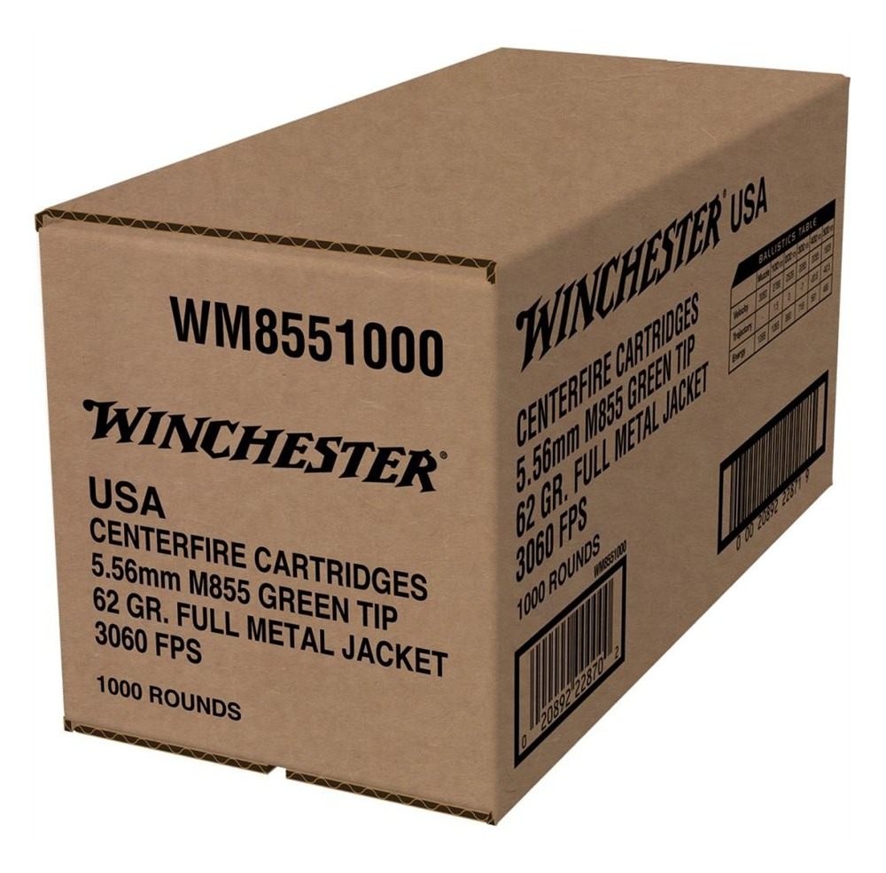 Winchester Ammo WM8551000 USA M855 Green Tip 5.56x45mmNATO 62gr Full Metal