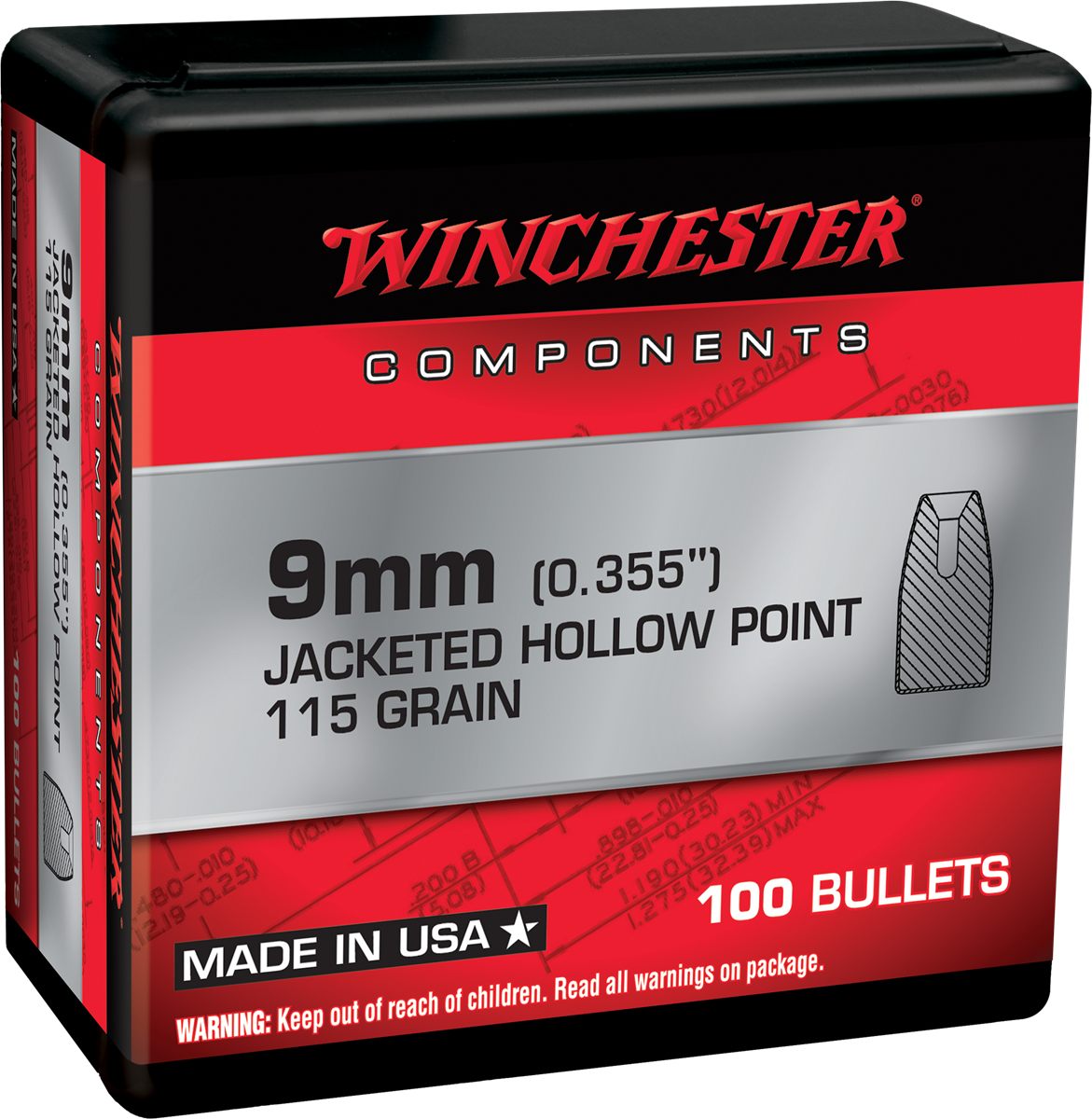 Winchester Ammunition Ammo WB9JHP115X Centerfire Handgun Reloading 9mm 115g