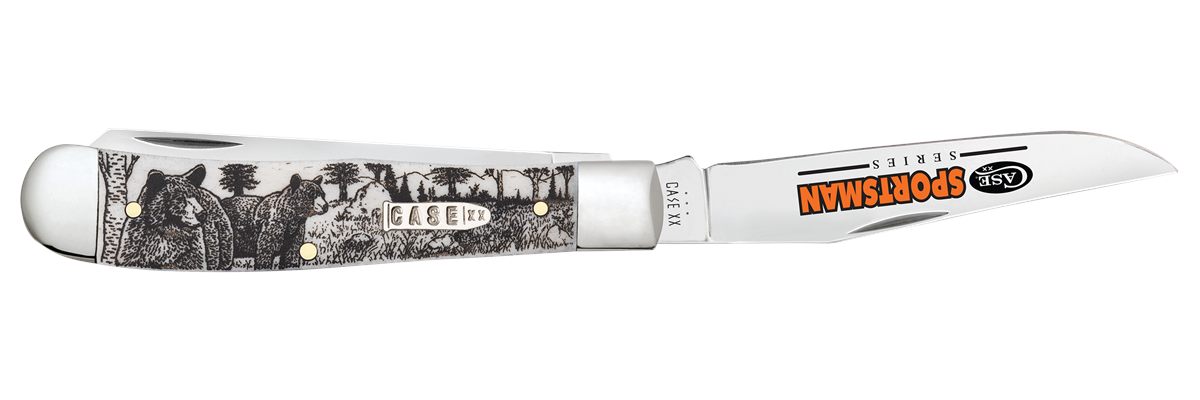 Case 81223 Sportsman Trapper 3.24" Clip/3.27"Spey Folding Plain Mirror Polished Tru-Sharp SS Blade, Bear Wildlife Engraving Natural Bone Handle