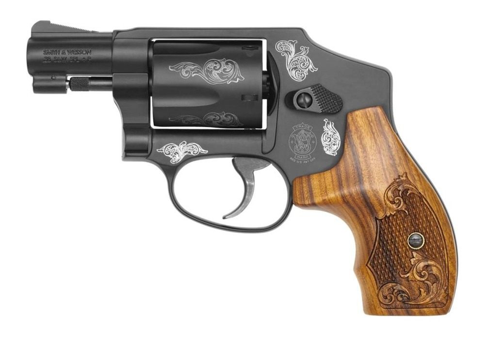 Smith Wesson 150785 Model 442 38 S W Spl +P 5 Shot 1.88in Engraved Black Ca view 2