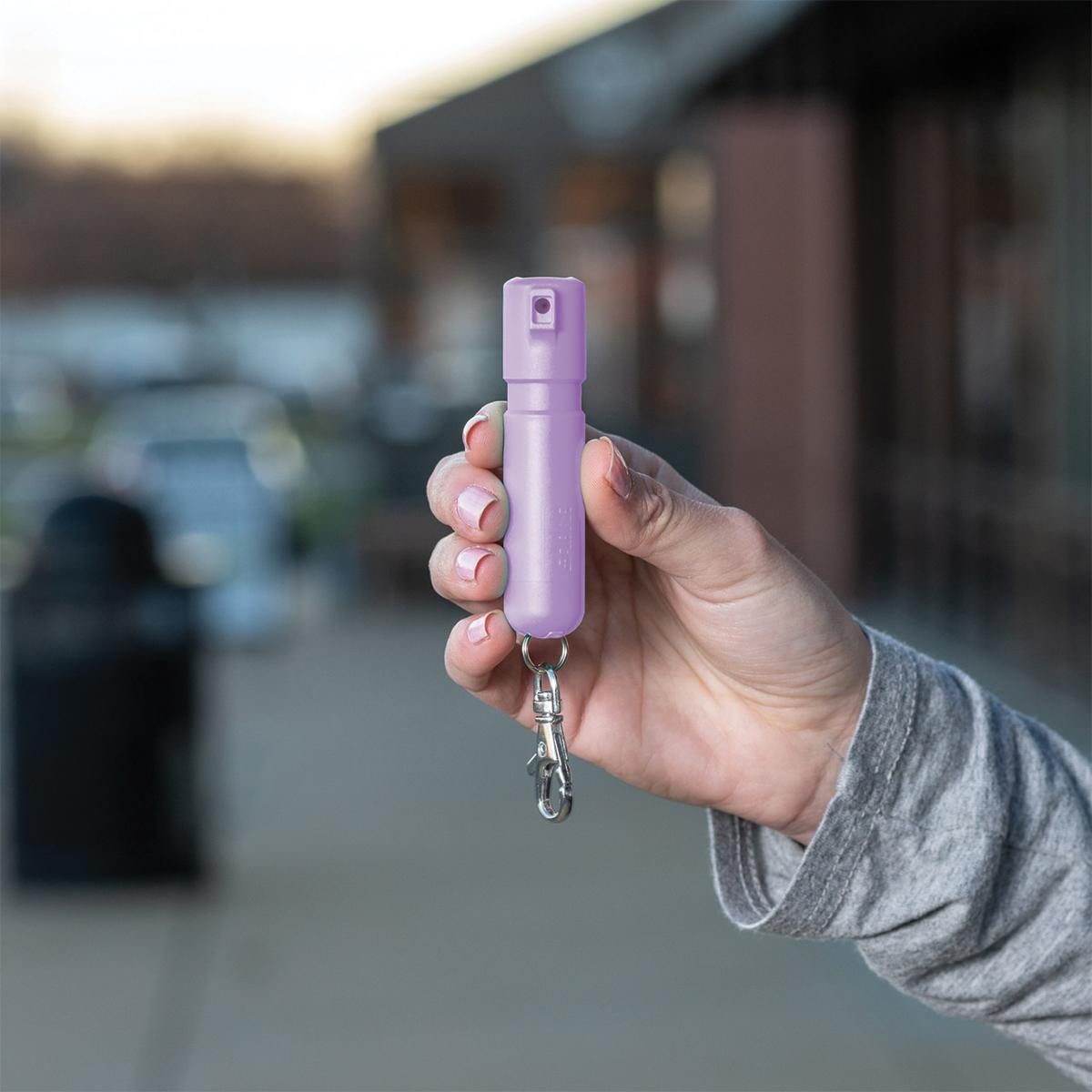 Sabre Mighty Discreet Pepper Spray with Snap Clip Keychain Lavender Clamshe view 3