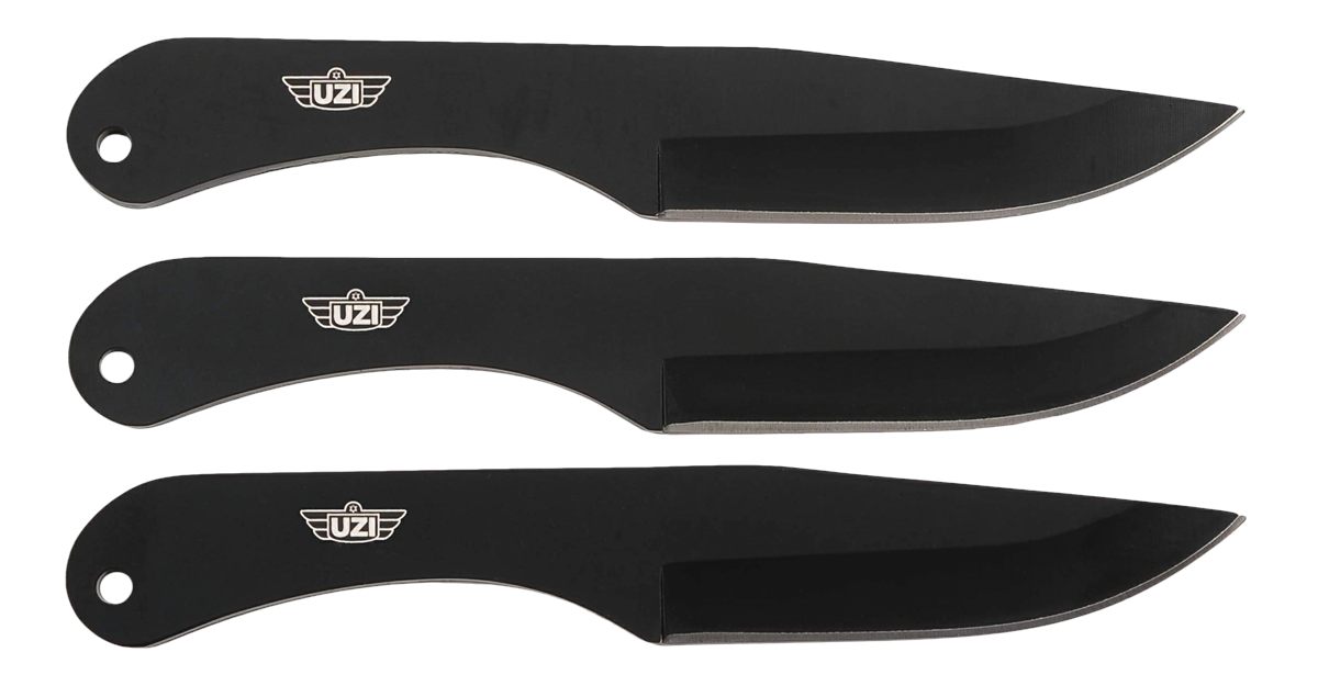 Uzi Three Piece Throwing Knife Set w/Leather Pouch, 3 Black Stainless Steel