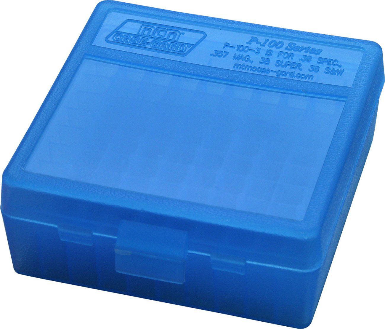 MTM 100 Round Flip-Top Ammo Box 38/357 Cal (Clear Blue) view 2