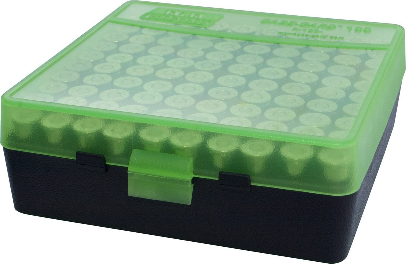MTM P-100-44-16T Round Flip-Top Ammo Box 41/44/45 Cal, USA Made, Clear Gree