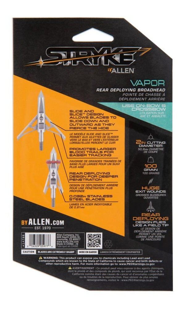Allen Stryke Vapor Rear Deploying Broadhead 2 Blade 100 Grain 3/ct view 6