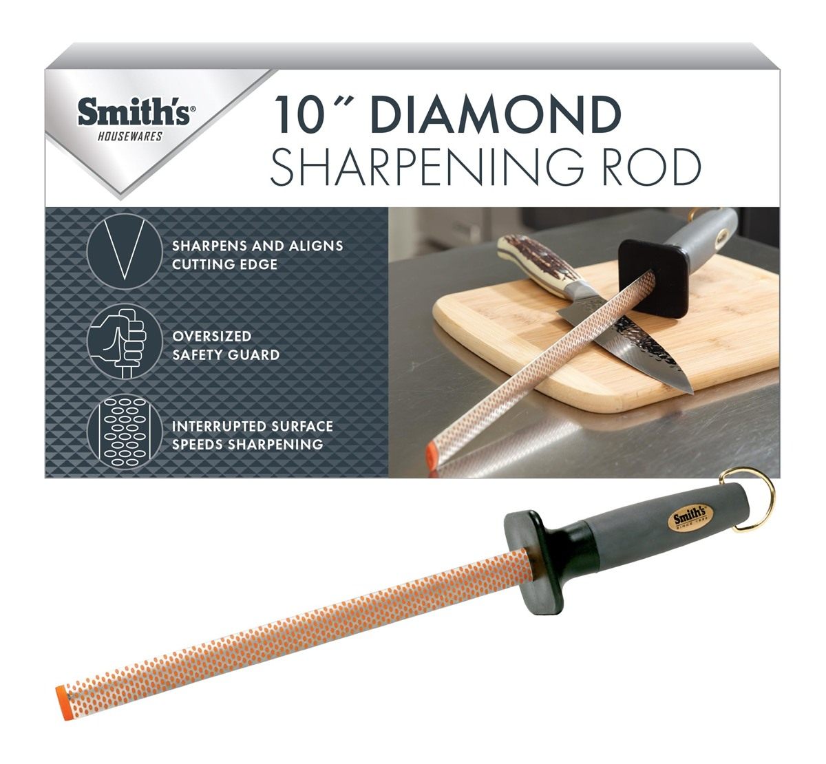 Smith's 3001 10 Oval Diamond Sharpening Steel Rod Grey Design Rubber Grip H