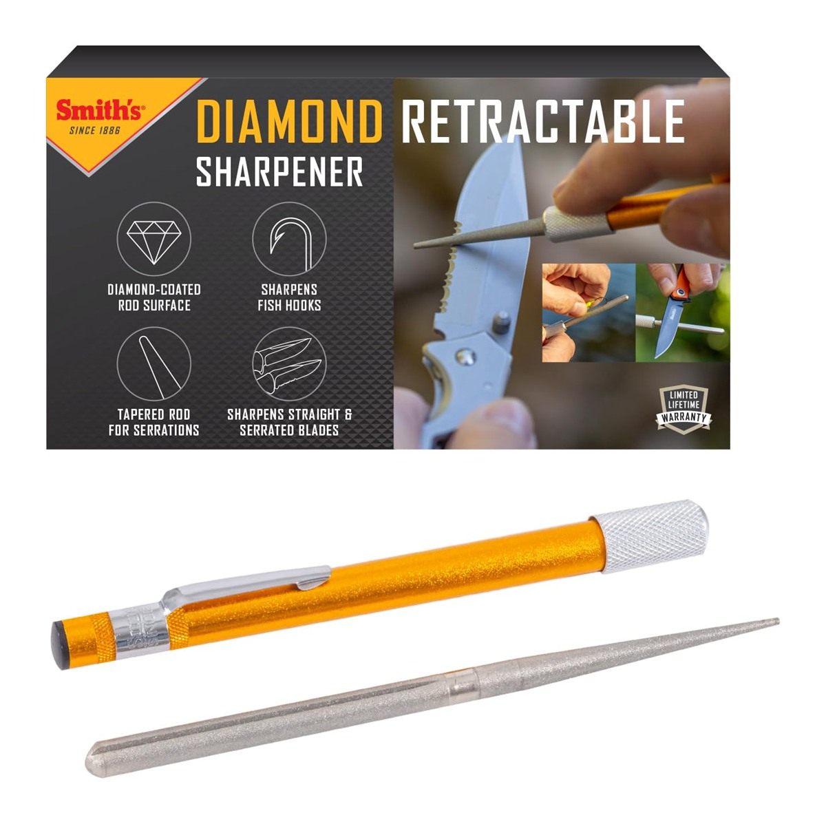 Smith's 51446 Diamond Retractable Sharpener Gold Reversible Rod Compact Kni