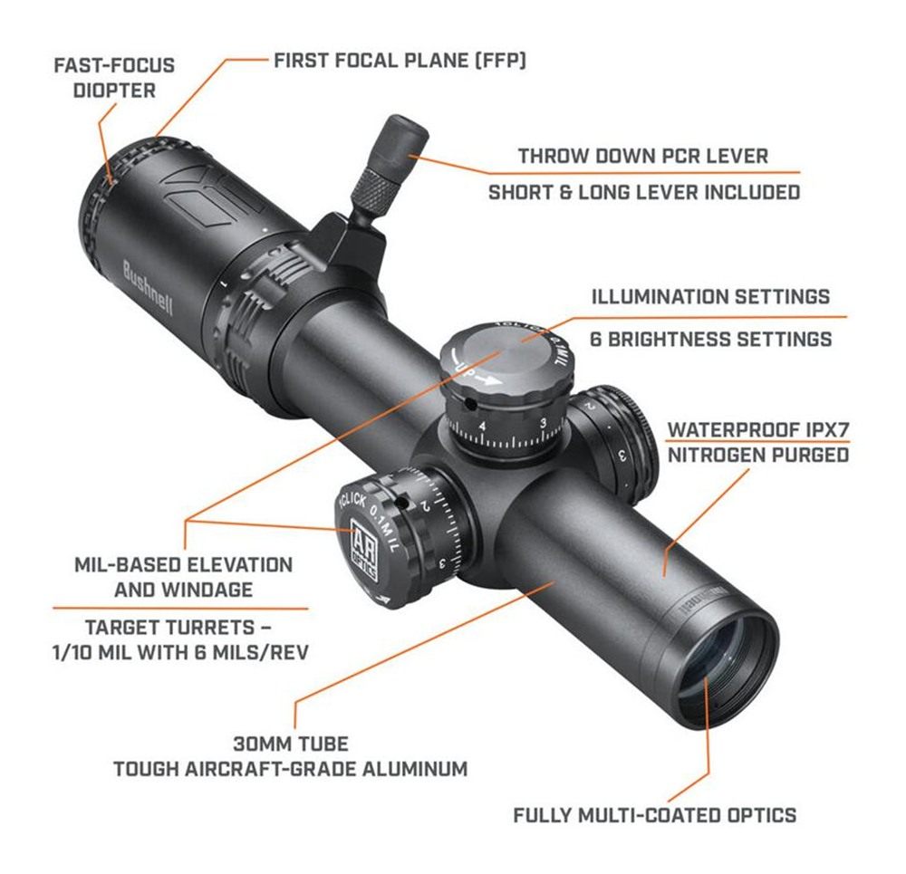 Bushnell AR Rifle Scope - 1-4x24mm Illuminated BTR-1 Reticle Black Matte view 4