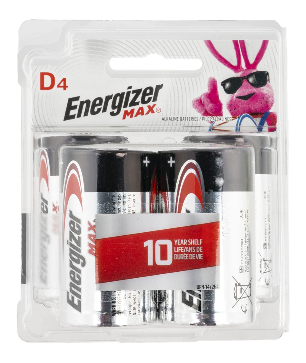 Rayovac Energizer E95BP4 MAX D Batteries Black Silver Alkaline 1.5 Volt, Qt