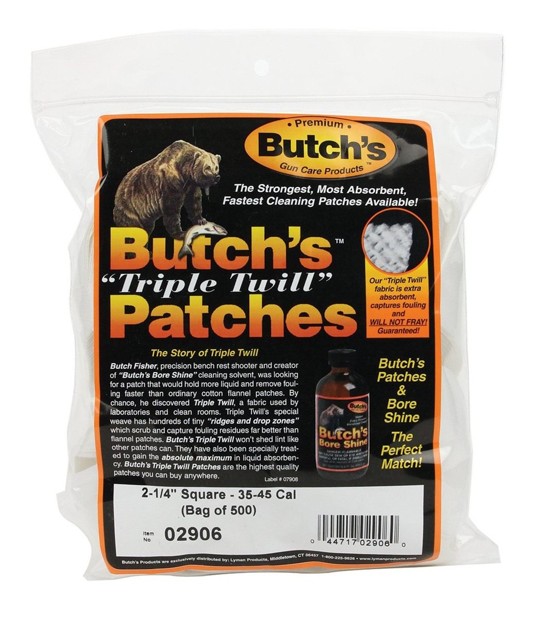 Butch's Triple Twill Patches 2.25 in Squares .35-.45 Cal 500 pk.