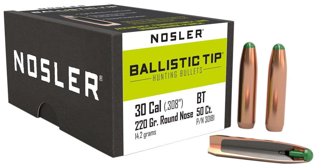 NOSLER Ballistic Tip Hunting Rifle Bullets .30 cal .308in 220 gr RN-Btip 50