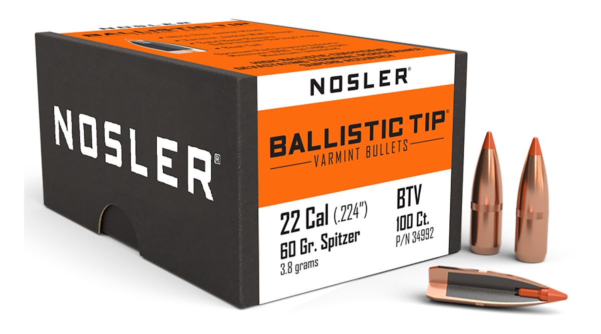 NOSLER Ballistic Tip Varmint Rifle Bullets .22 cal .224in 60 gr SBT-SB 100/