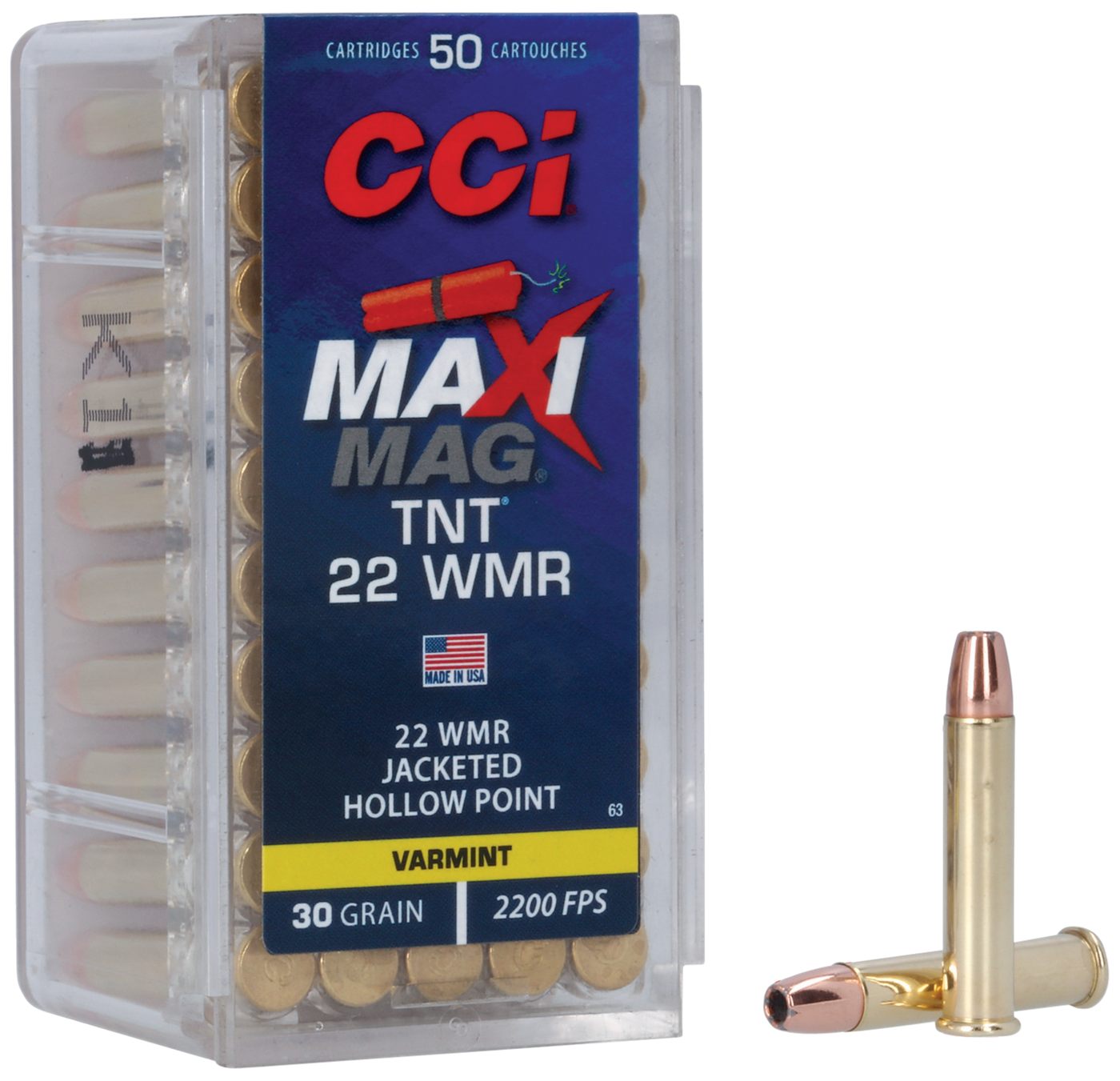 CCI 0063 Maxi-Mag TNT 22WMR 30gr Jacketed Hollow Point 50 Per Box/40 Case