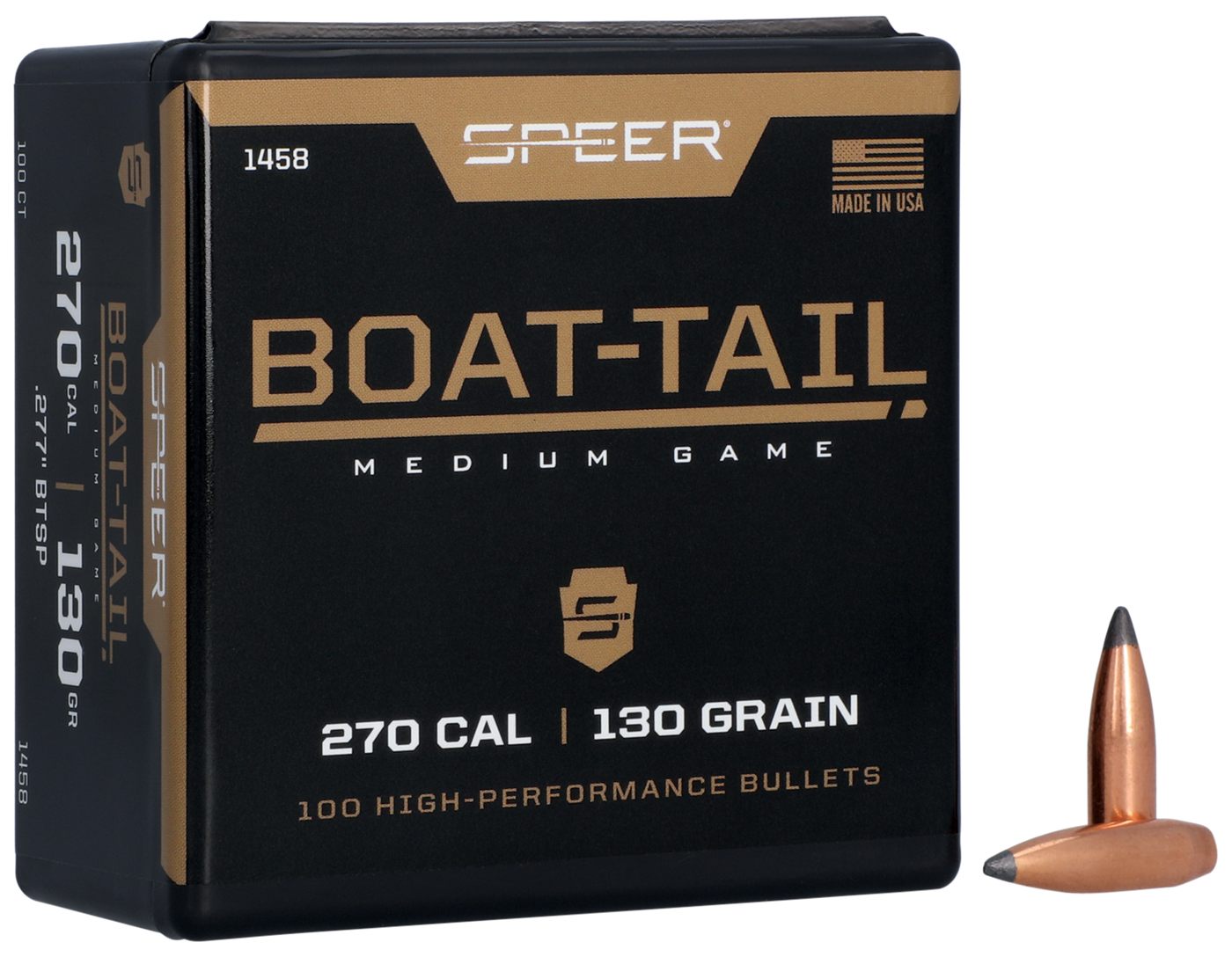 Speer 1458 Boat-Tail 270 Cal 130gr Spitzer Soft Point 100 Per Box/5 Case