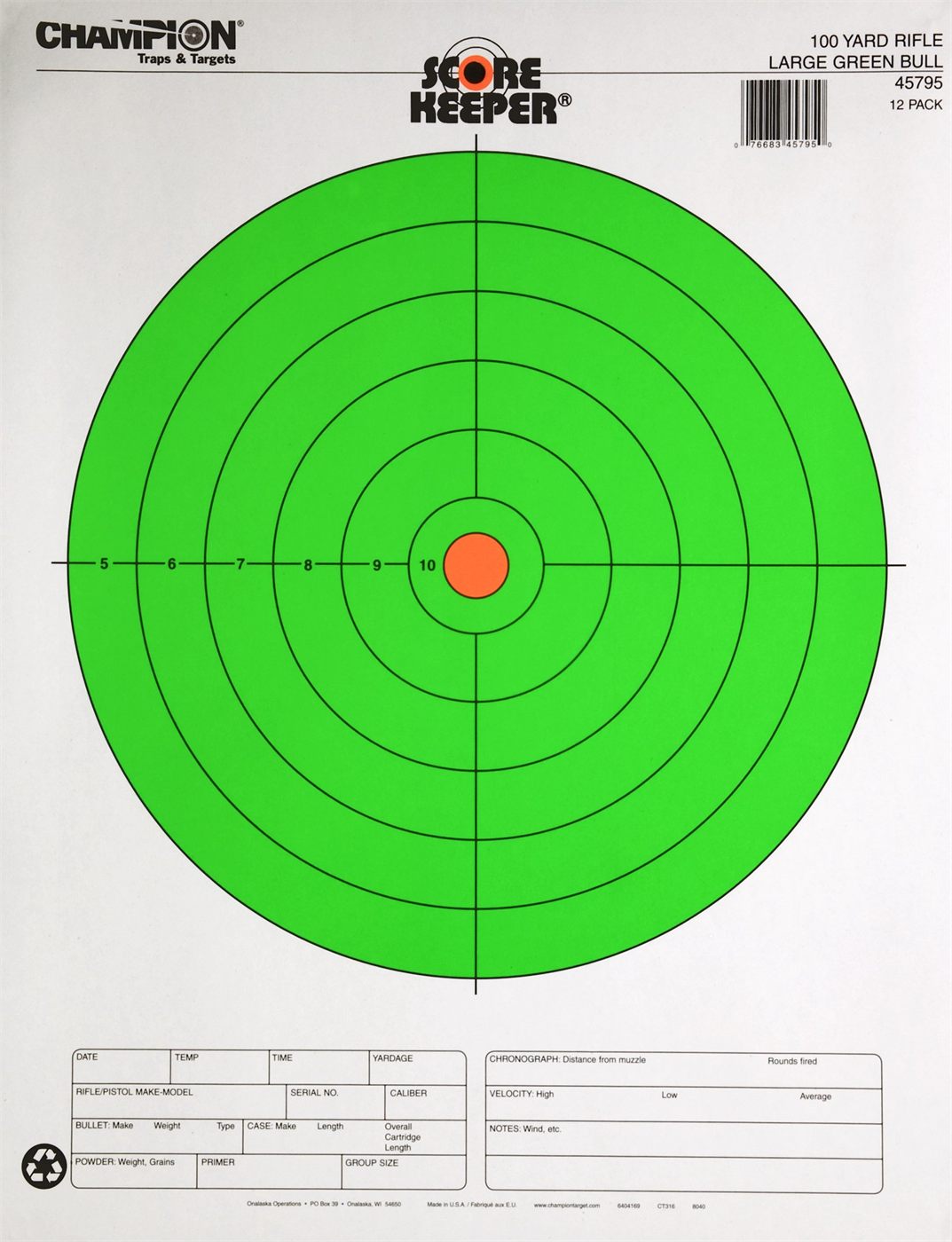 Champion Traps and Targets Large Green Bullseye 100 Yards (Per 12), Orange/