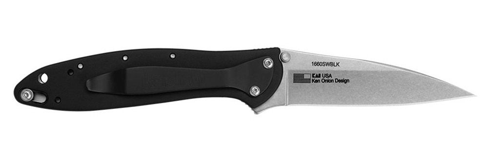 Kershaw 1660SWBLK Leek 3in Folding Drop Point Plain Stonewashed 14C28N Stee