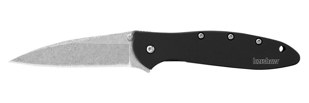 Kershaw 1660SWBLK Leek 3in Folding Drop Point Plain Stonewashed 14C28N Stee view 2