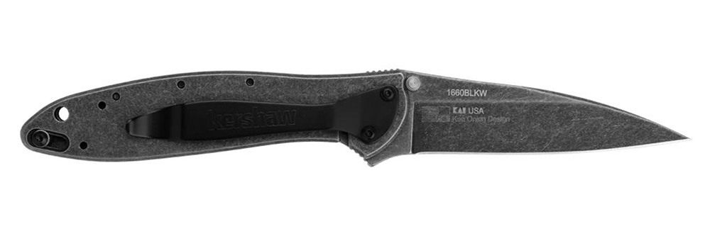 Kershaw 1660BLKW Leek 3in Folding Drop Point Plain Black DLC 14C28N Steel B