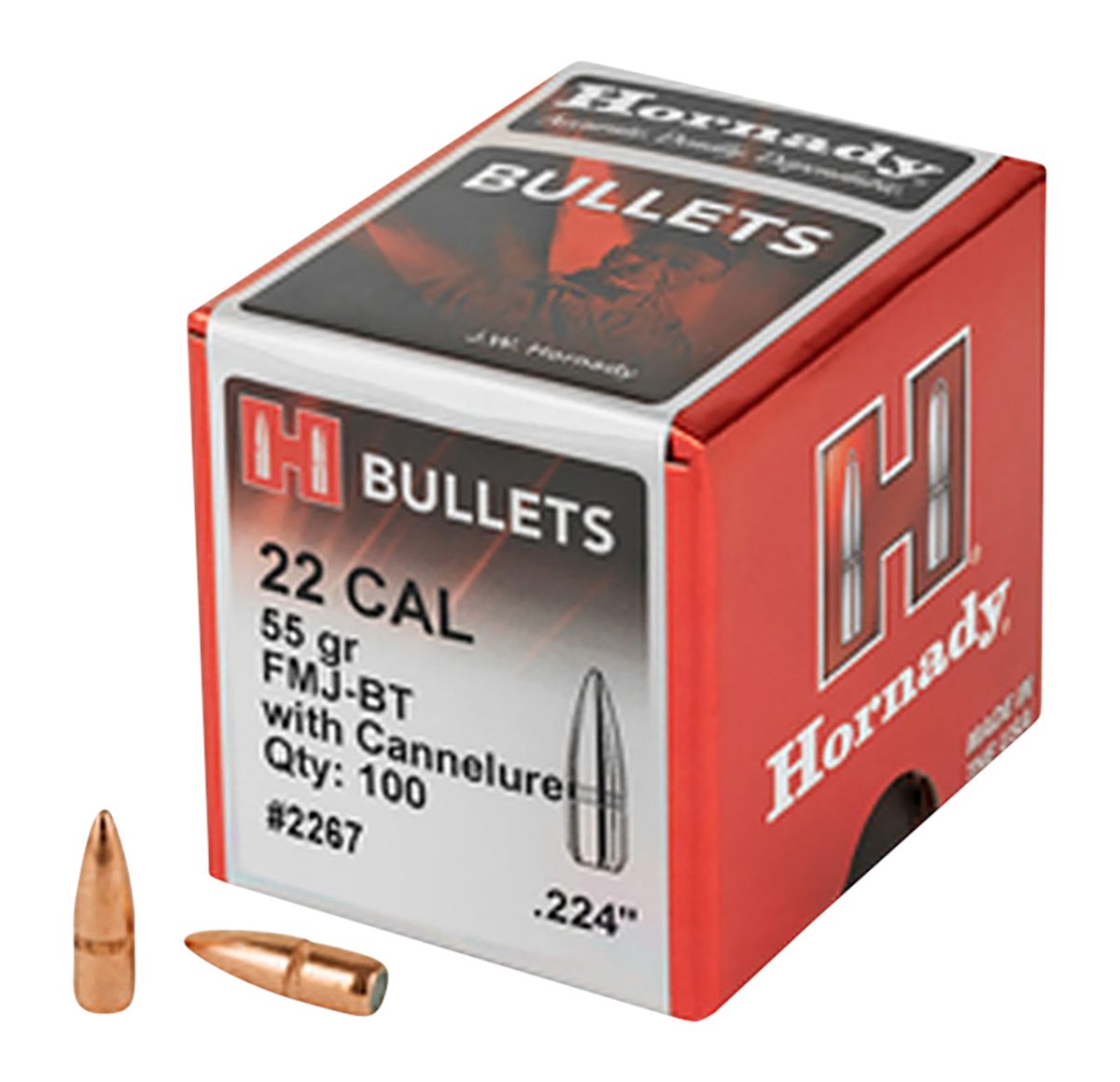 Hornady 2267 Traditional 22 Cal .224 55 gr Full Metal Jacket Boat Tail 100