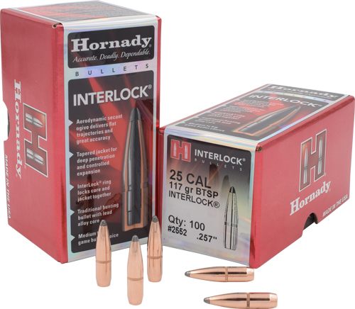 Hornady 2552 InterLock 25 Cal .257 117 gr Boat Tail Spire Point 100 Per Box view 2