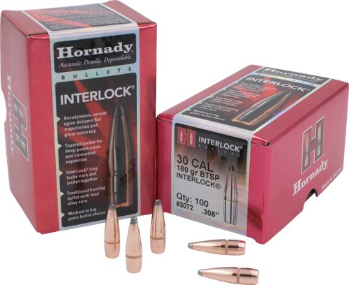 Hornady 3072 InterLock 30 Cal .308 180 gr Boat Tail Spire Point 100 Per Box view 2