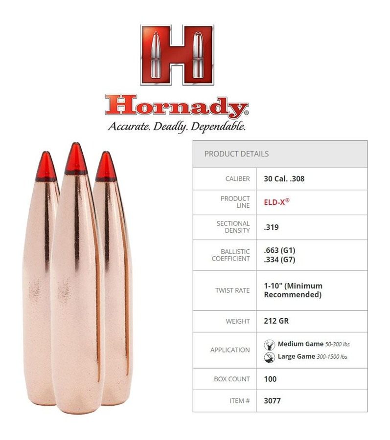 Hornady 3077 ELD-X 30 Cal .308 212 gr Extremely Low Drag eXpanding 100 Per view 6