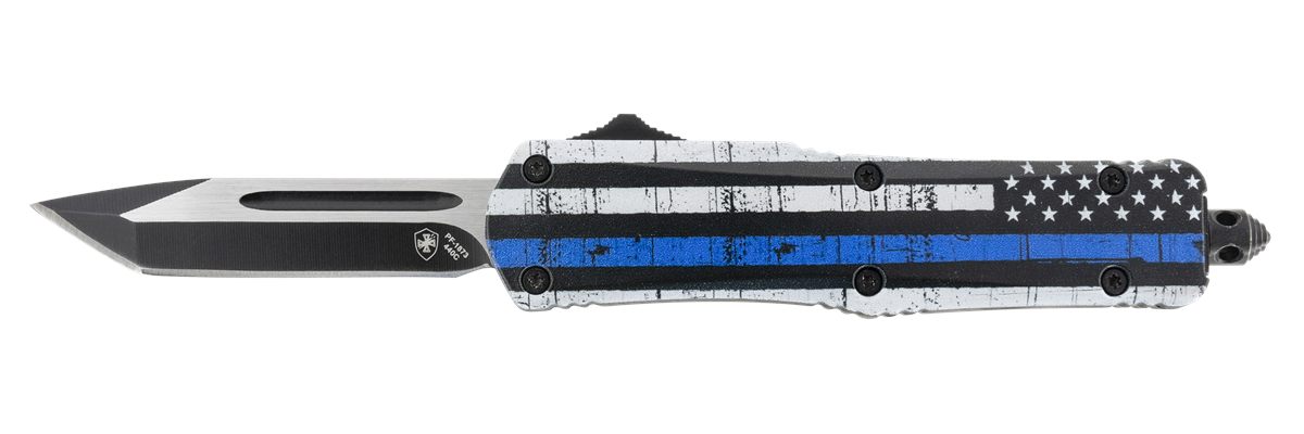 Templar Knife SBTB231 Gen II Back The Blue Small 2.69" OTF Tanto Plain Black Oxide Stonewashed 440C SS Blade, 4.31" Black & White w/Blue Line Aluminum Handle, Glass Breaker
