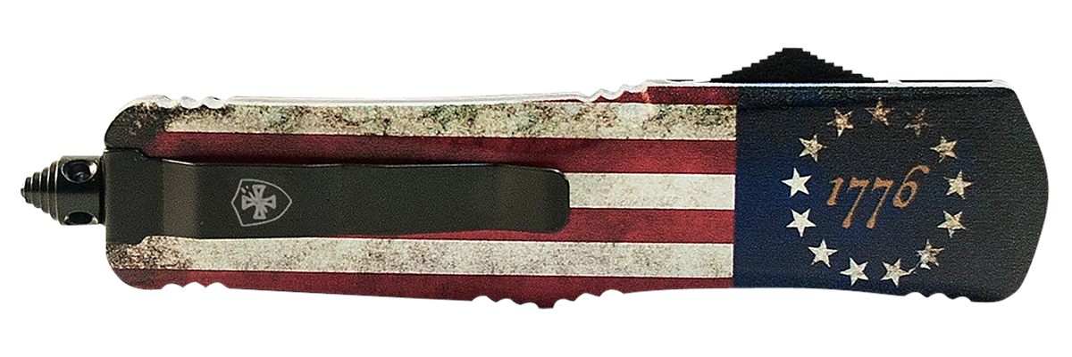 Templar Knife SBRF331 Gen II Betsy Ross Flag Small 2.69" OTF Drop Point Plain Black Oxide Stonewashed Black 440C SS Blade, 4.31" Betsy Ross Flag Aluminum Handle Glass Breaker