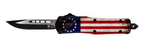 Templar Knife SBRF331 Gen II Betsy Ross Flag Small 2.69" OTF Drop Point Plain Black Oxide Stonewashed Black 440C SS Blade, 4.31" Betsy Ross Flag Aluminum Handle Glass Breaker view 2