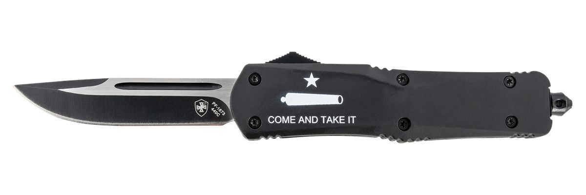 Templar Knife LCATI331 Gen II Come And Take It Large 3.50" OTF Drop Point Plain Black Oxide Stonewashed 440C SS Blade, 5.25" Black "Come And Take It" Aluminum Handle, Glass Breaker
