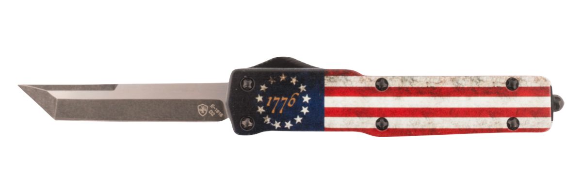 Templar Knife MZBRF121 Premium Weighted Betsy Ross Flag Slim 3.16" OTF Dagger Plain Black Oxide Stonewashed Powder Coated D2 Steel Blade, 4.93" Betsy Ross Flag Aluminum Zinc Alloy Handle