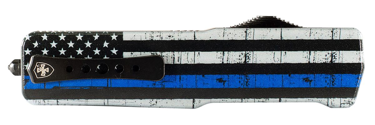 Templar Knife SABTB32 Premium LW We Back You Small 3" OTF Drop Point Plain Black Oxide Stonewashed D2 Steel Blade, 4.50" Black & White w/Blue Line Aluminum Handle