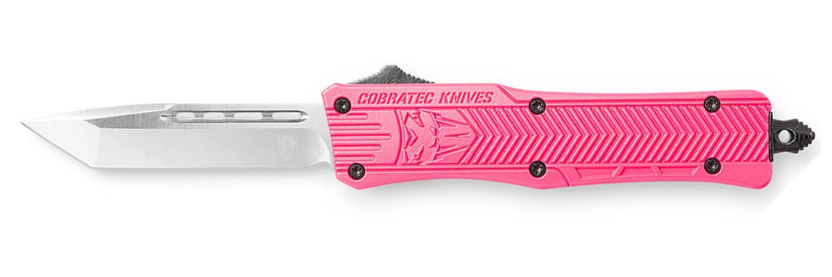 CobraTec Knives SPKCTK1STNS CTK-1 Small 2.75" OTF Tanto Plain D2 Steel Blade/Pink Aluminum Handle Features Glass Breaker Includes Pocket Clip