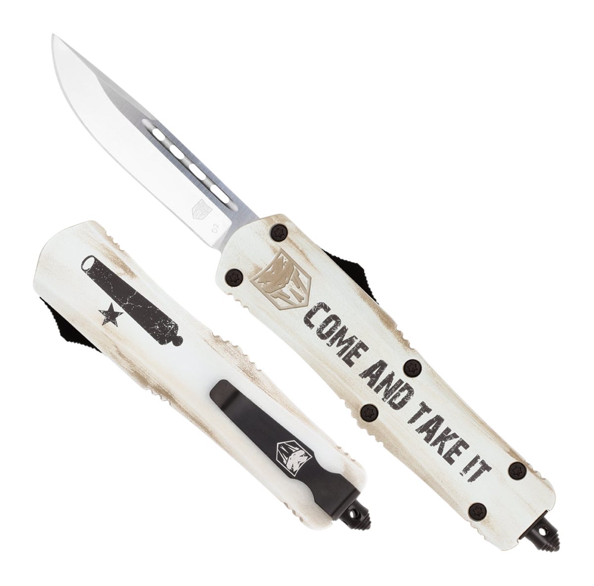 CobraTec Knives MCATIFS3DNS FS-3 Come And Take It 3" OTF Drop Point Plain 154CM SS Blade White w/"Come And Take It" Aluminum Cerakoted Handle Features Glass Breaker Includes Pocket Clip