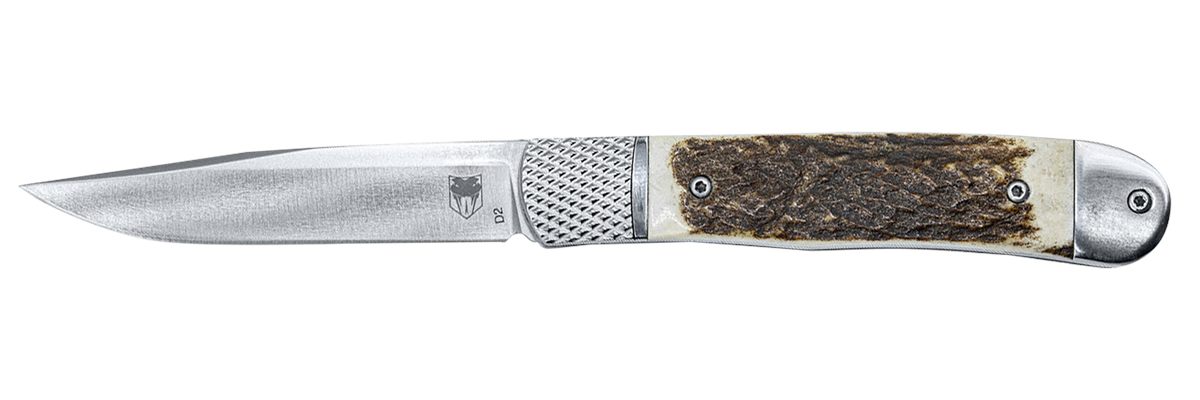 CobraTec Knives CTTHRSTG Trapper Hidden Release 3.12" Flip Open Drop Point Plain Satin D2 Steel Blade, 4.25" Stag Scales Handle