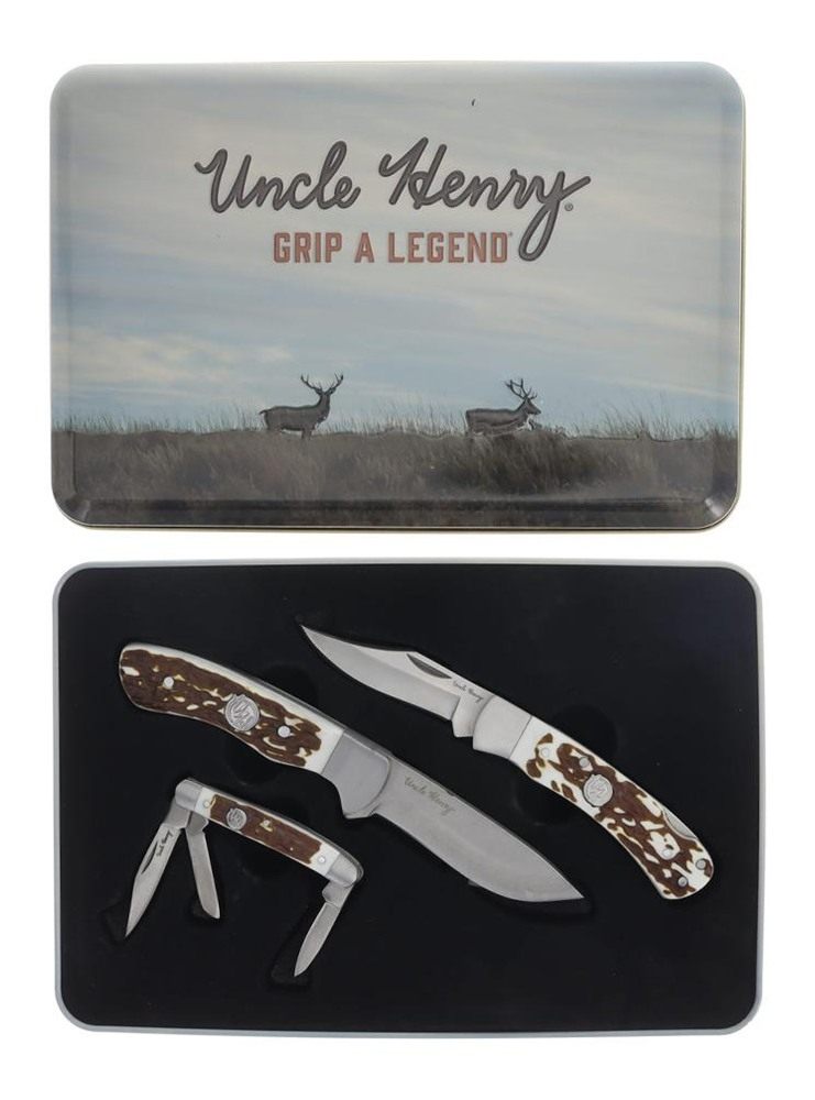 Uncle Henry Knife Combo with Tin 1 Fixed 2 Folding Knives view 3