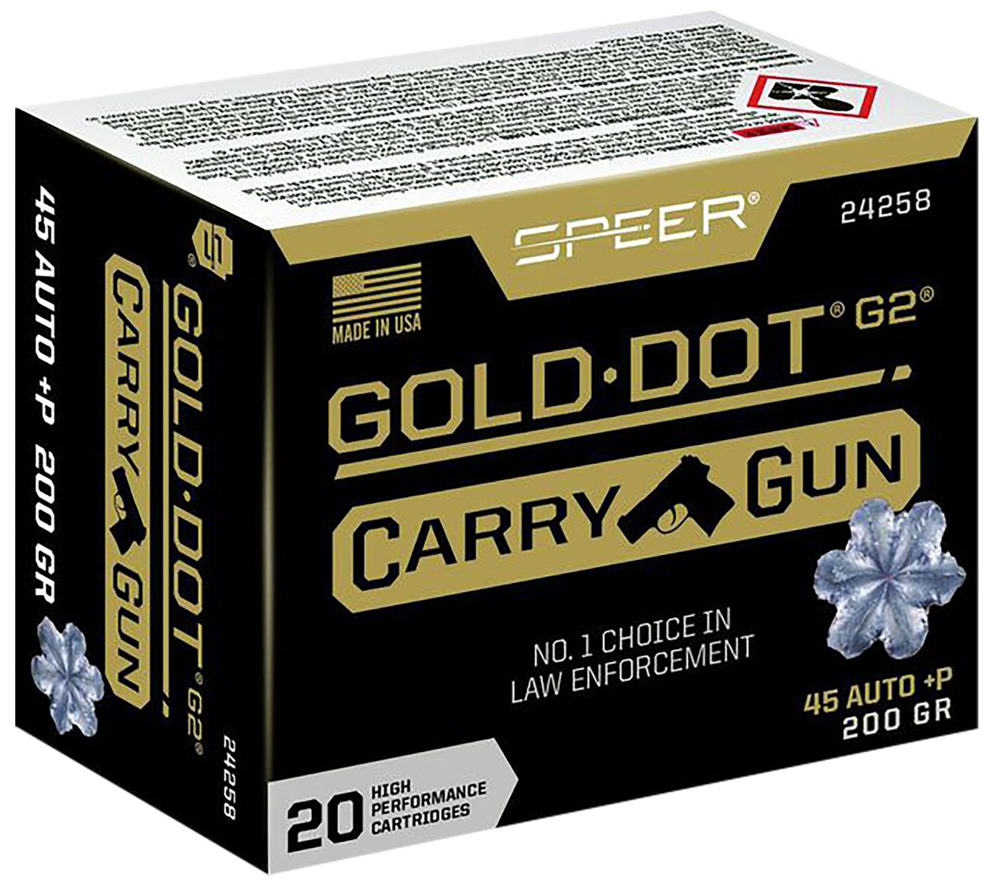 Speer 24258 Gold Dot Carry Gun 45ACP+P 200gr Hollow Point 20 Per Box/10 Cas