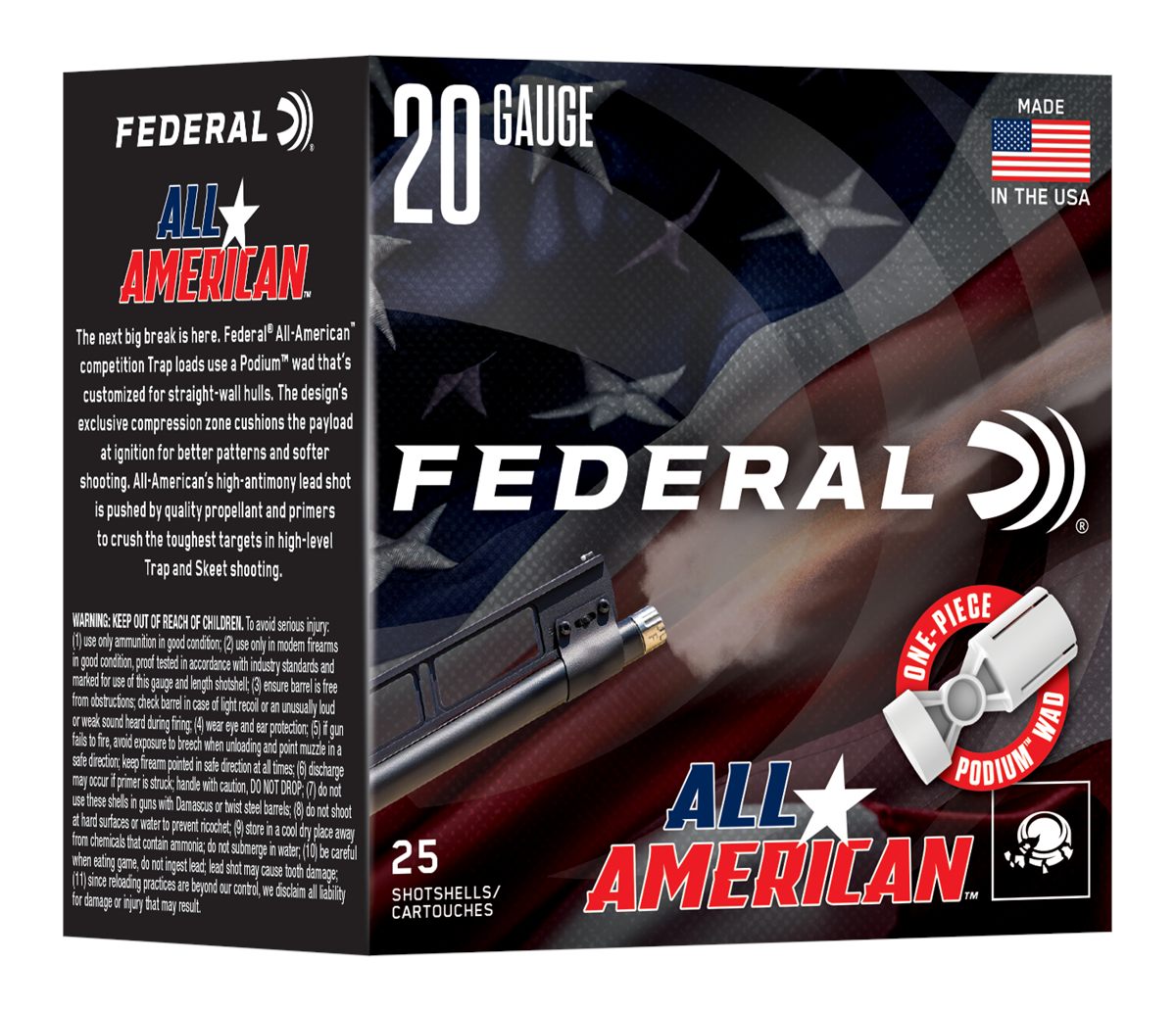 Federal All American Shotshells 20ga 2-3/4in 7/8oz 1200 fps 7.5 25/ct