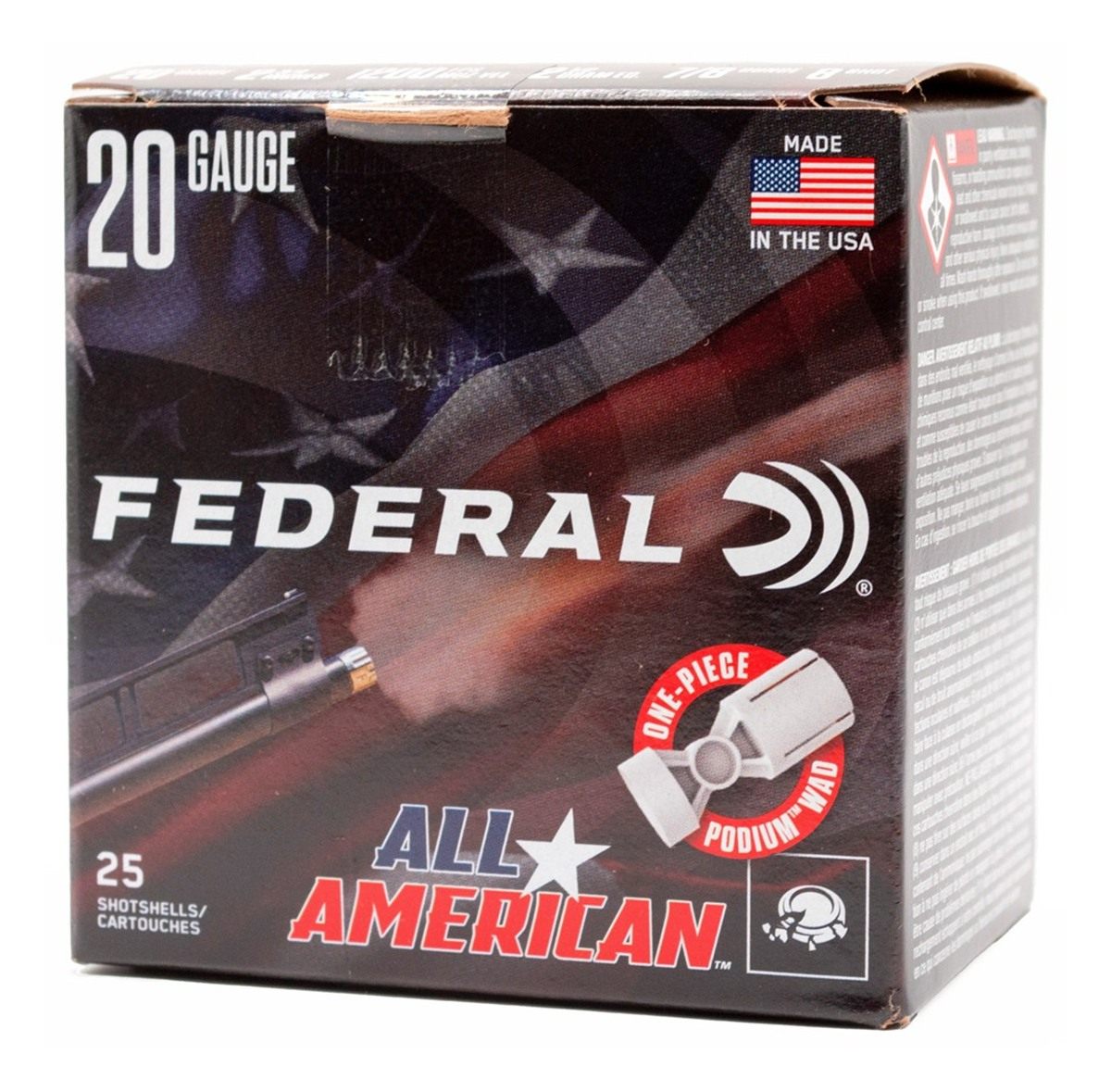 Federal All American Shotshells 20ga 2-3/4in 7/8oz 1200 fps 8 25/ct view 2