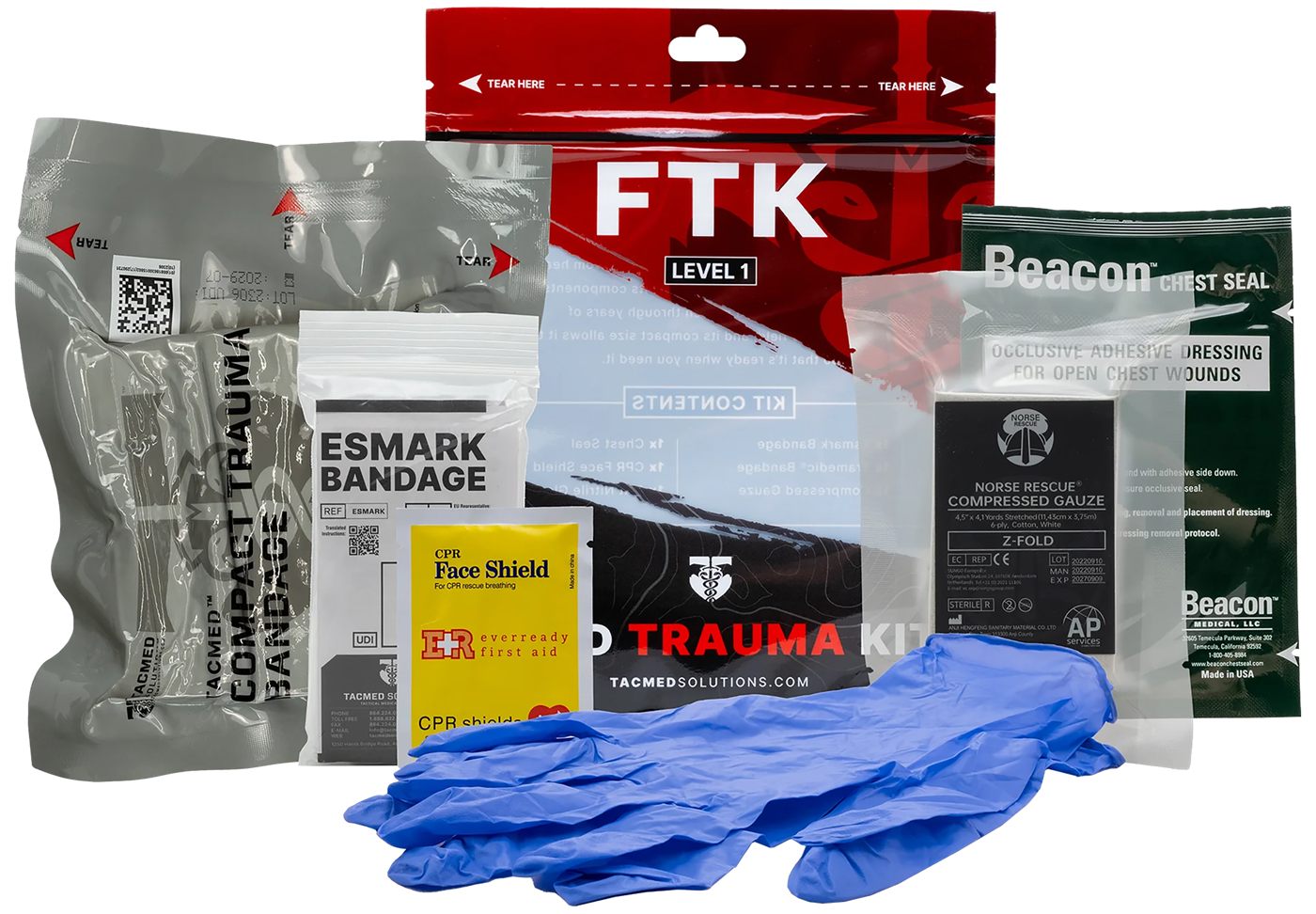 FTK TacMed Solutions Field Trauma Kit Level 1, (FTK) Compact Waterproof wit