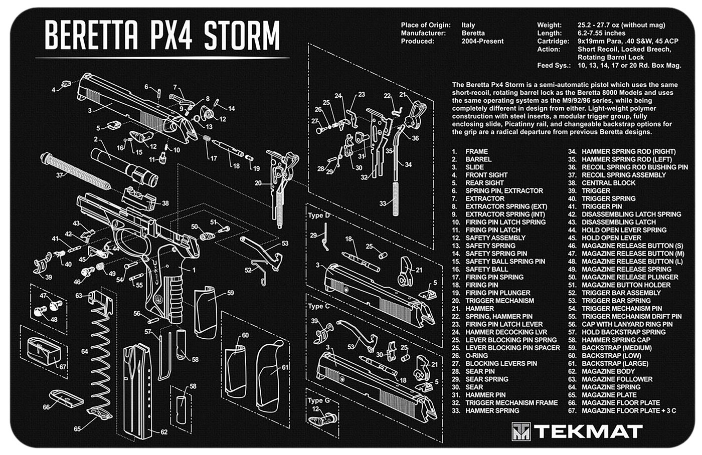 Tekmat TEKR17BERPX4 Beretta Px4 Storm Cleaning Mat Black/White Rubber 11inx