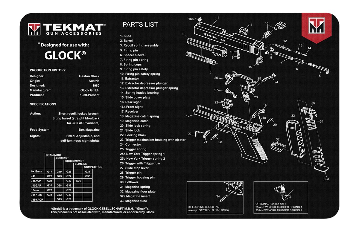 TekMat TEKR17GLOCK Glock Cleaning Mat Black/White Rubber 11inx17in Parts Di