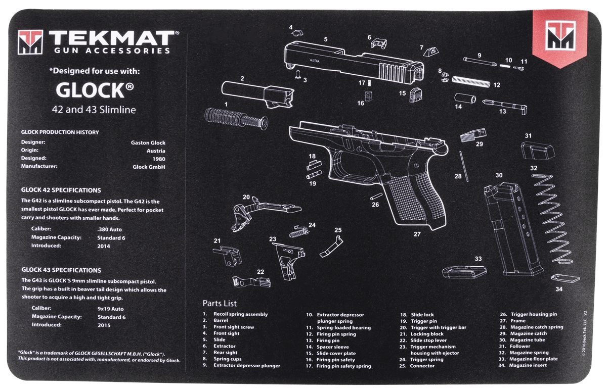 TekMat TEKR17GLOCK4243 Glock 42/43 Cleaning Mat Black/White Rubber 11inx17i