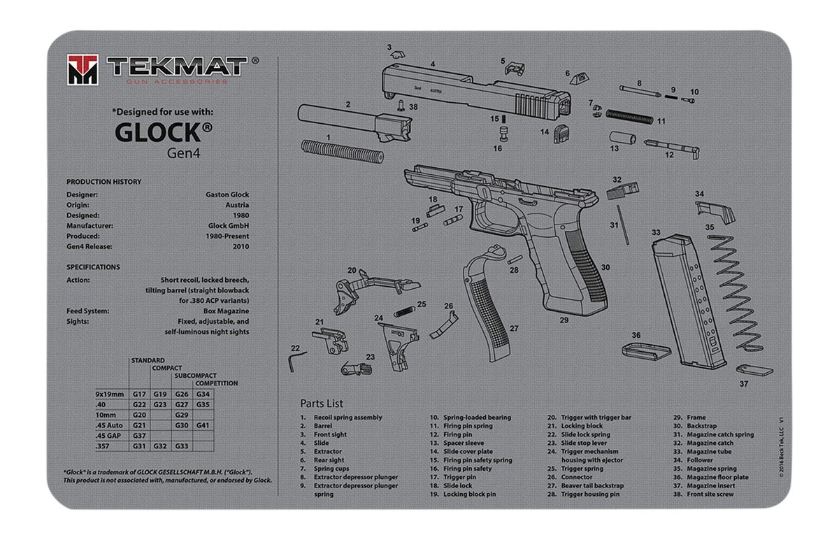 Tekmat TEKR17GLOCKG4GY Glock Gen 4 Cleaning Mat Gray Rubber 11inx17in 4 Par