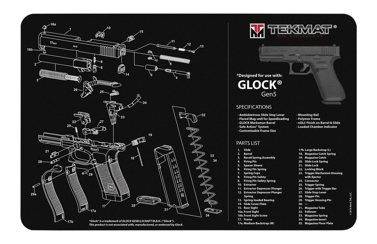 TekMat TEKR17GLOCKG5 Glock Gen5 Cleaning Mat Black/White Rubber 11inx17in P