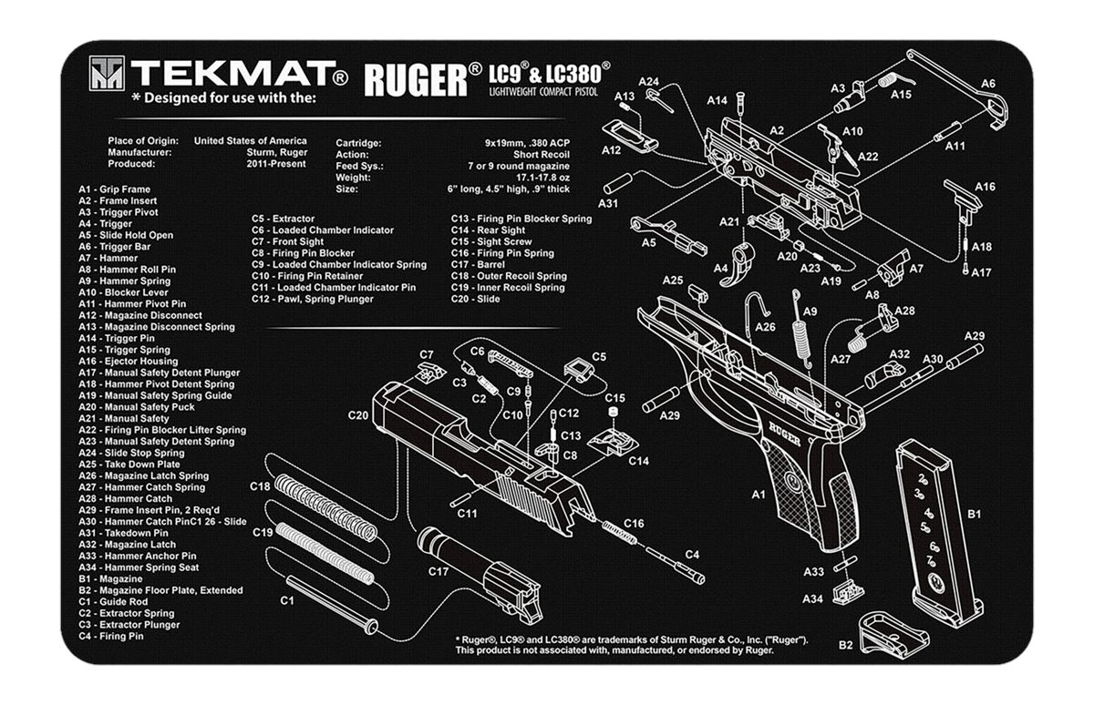 Tekmat TEKR17RUGERLC9 Ruger LC9 Cleaning Mat Black/White Rubber 11inx17in P