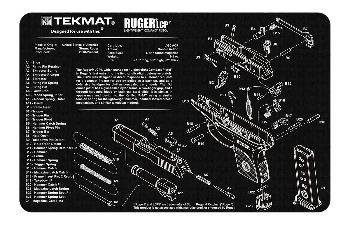 Tekmat TEKR17RUGERLCP Ruger LCP Cleaning Mat Black/White Rubber 11inx17in P